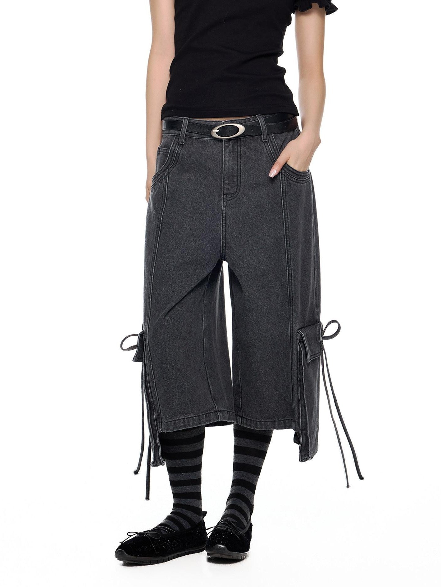 EZEK Vintage Washed Pocket Tie Wide Leg High Waist Women's Cotton Blend Cropped Jeans