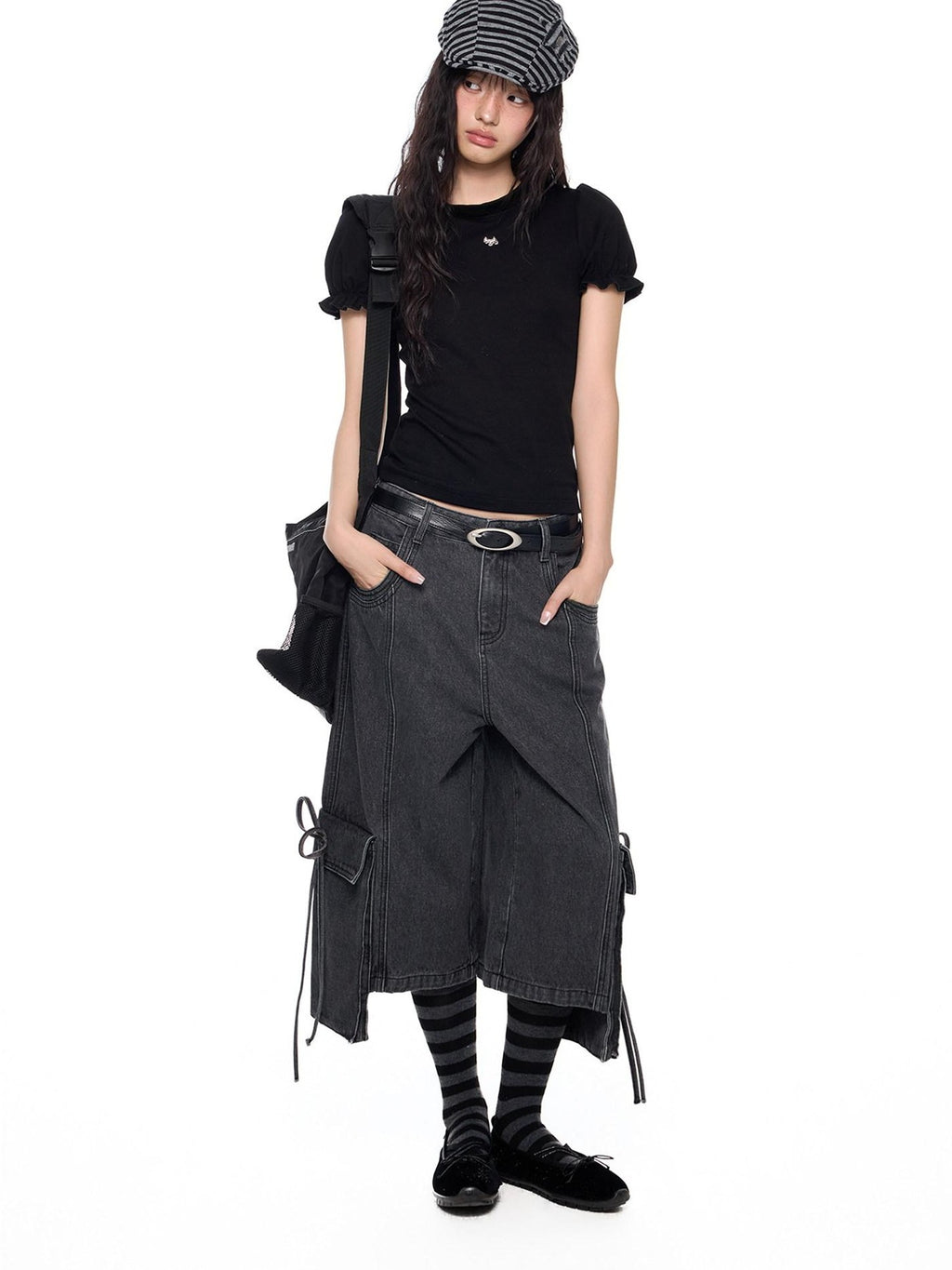 EZEK Vintage Washed Pocket Tie Wide Leg High Waist Women's Cotton Blend Cropped Jeans