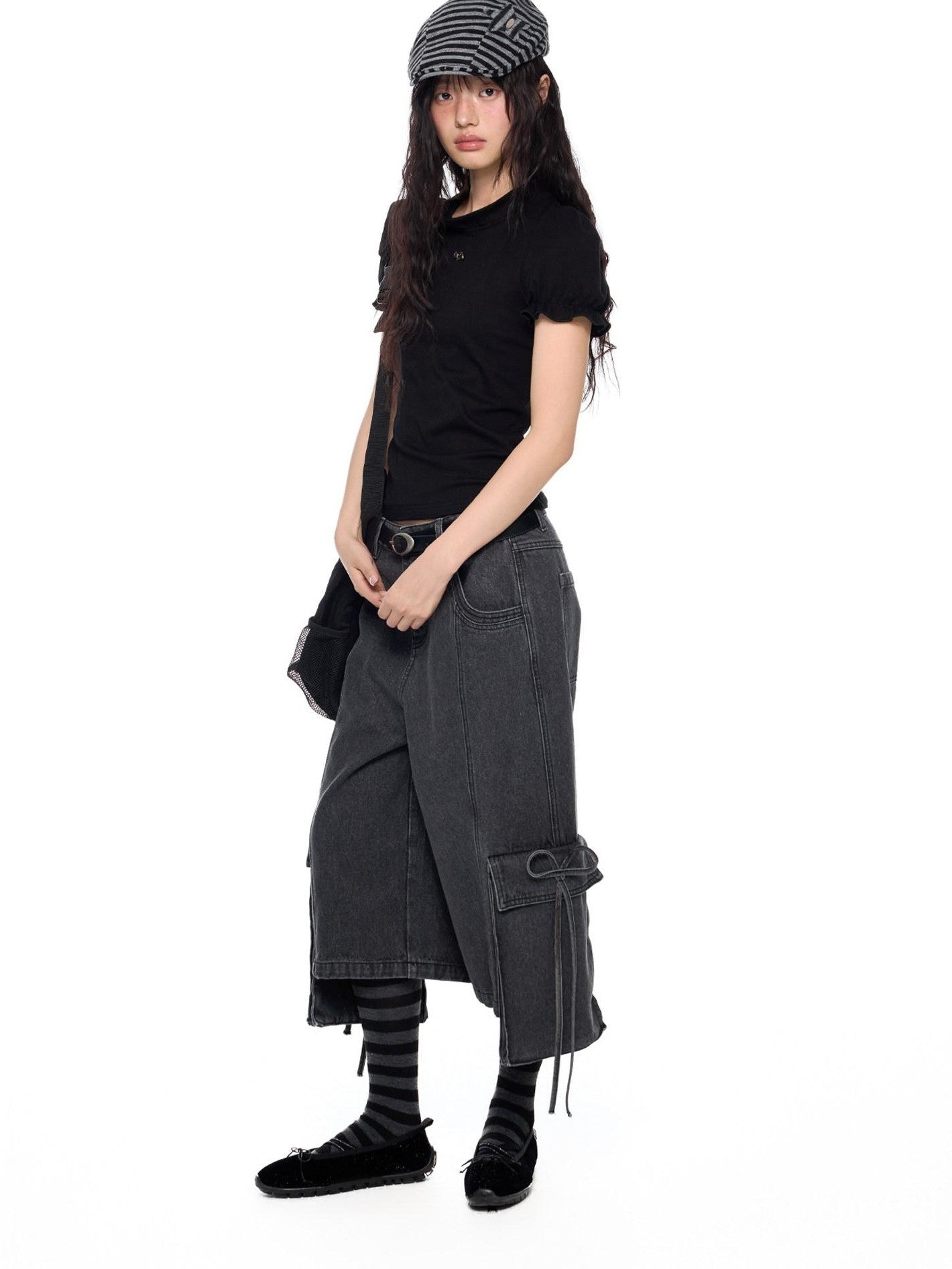 EZEK Vintage Washed Pocket Tie Wide Leg High Waist Women's Cotton Blend Cropped Jeans