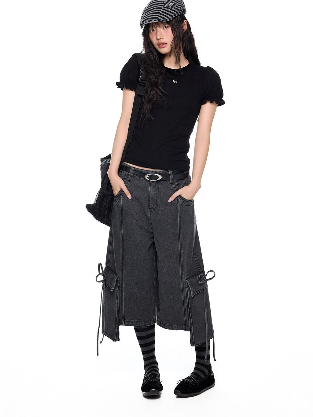 EZEK Vintage Washed Pocket Tie Wide Leg High Waist Women's Cotton Blend Cropped Jeans
