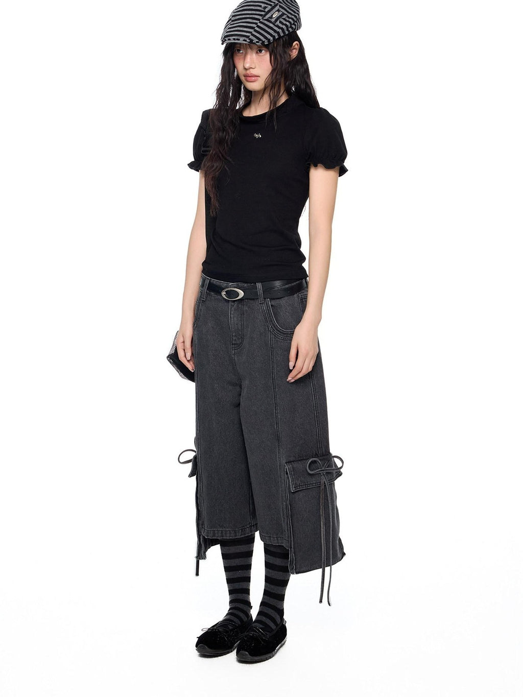 EZEK Vintage Washed Pocket Tie Wide Leg High Waist Women's Cotton Blend Cropped Jeans