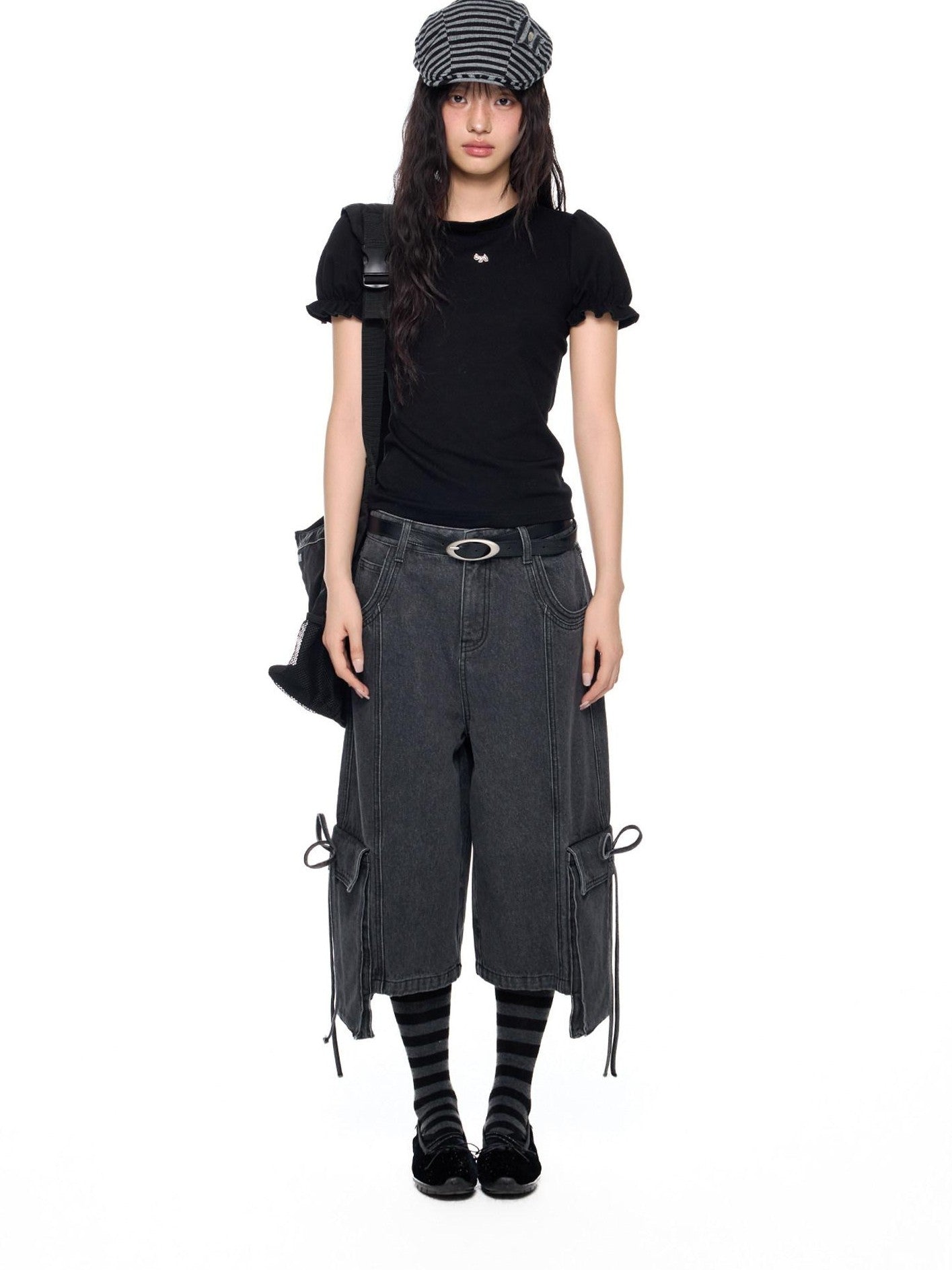 EZEK Vintage Washed Pocket Tie Wide Leg High Waist Women's Cotton Blend Cropped Jeans