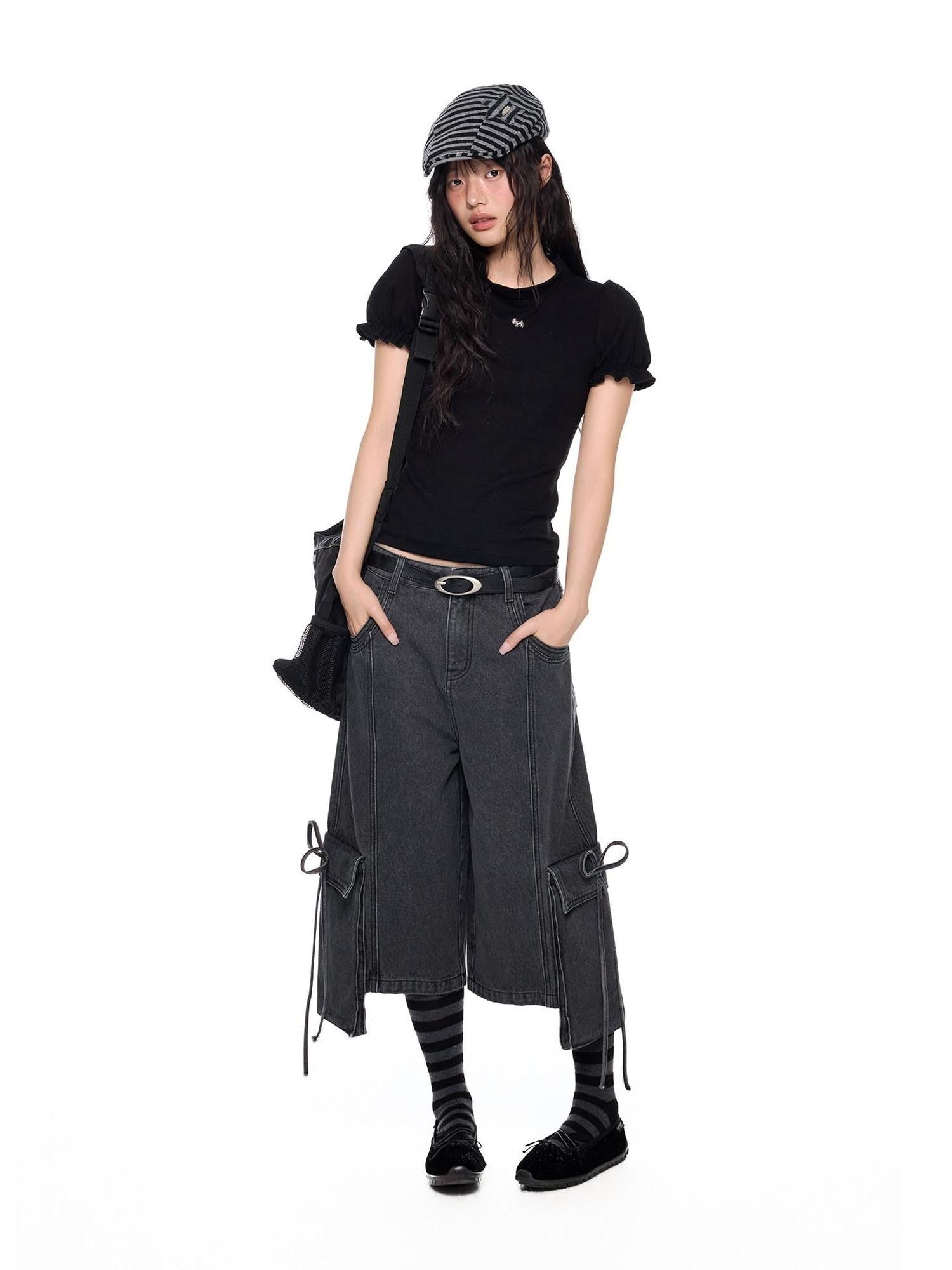 EZEK Vintage Washed Pocket Tie Wide Leg High Waist Women's Cotton Blend Cropped Jeans