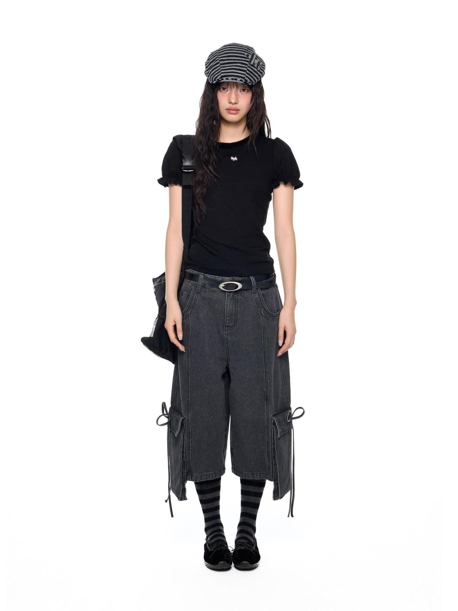 EZEK Vintage Washed Pocket Tie Wide Leg High Waist Women's Cotton Blend Cropped Jeans