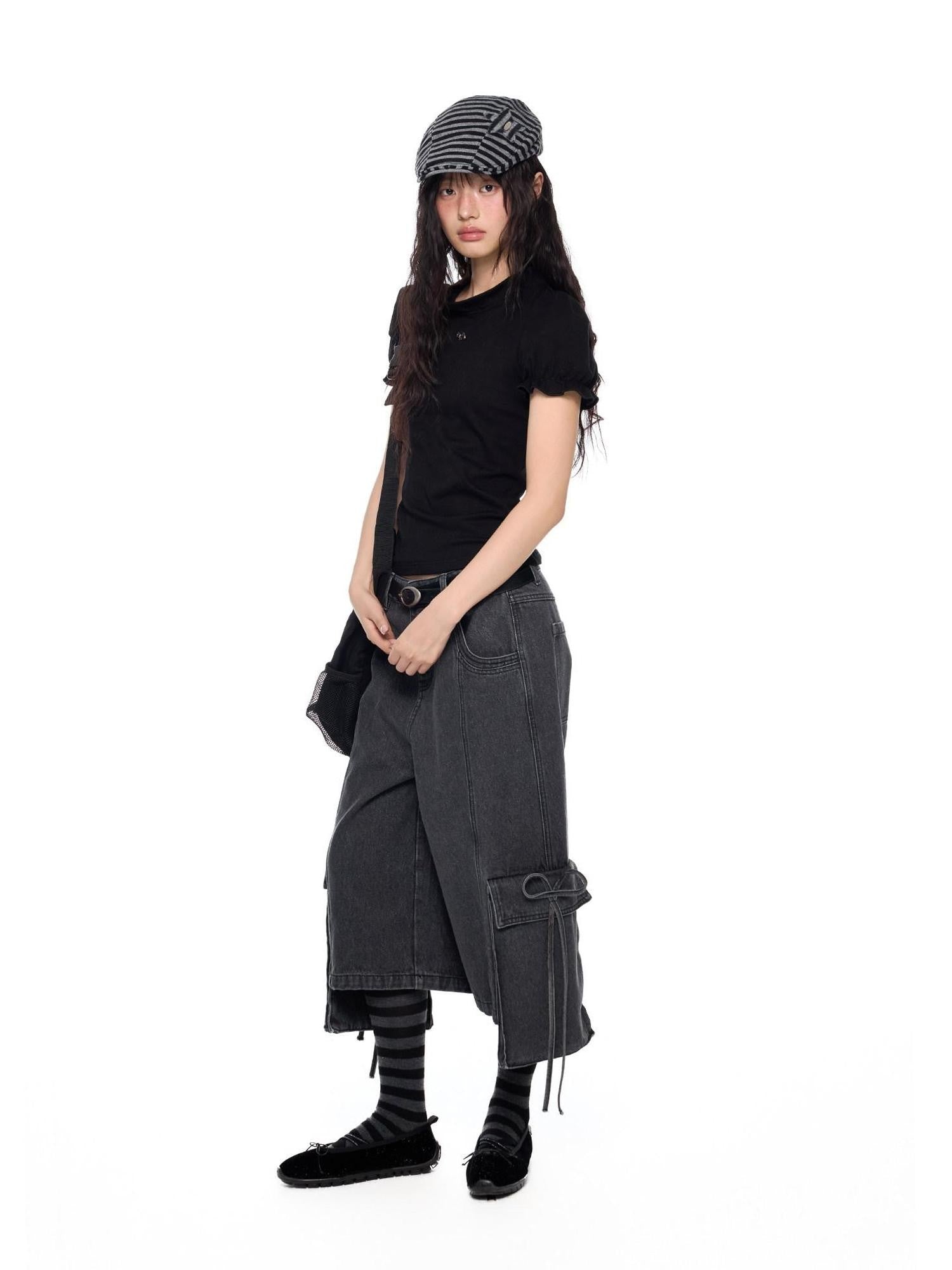EZEK Vintage Washed Pocket Tie Wide Leg High Waist Women's Cotton Blend Cropped Jeans