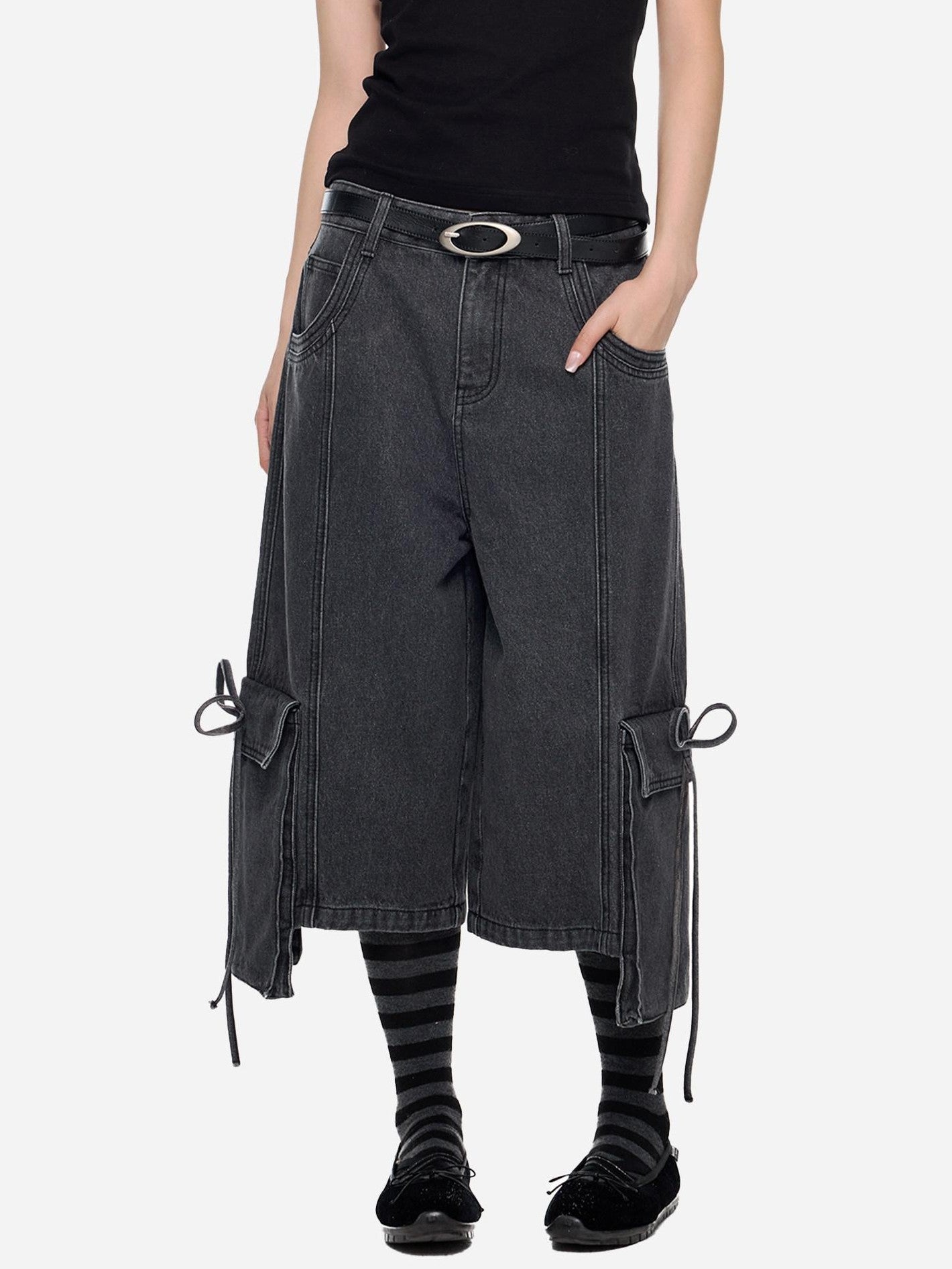 EZEK Vintage Washed Pocket Tie Wide Leg High Waist Women's Cotton Blend Cropped Jeans