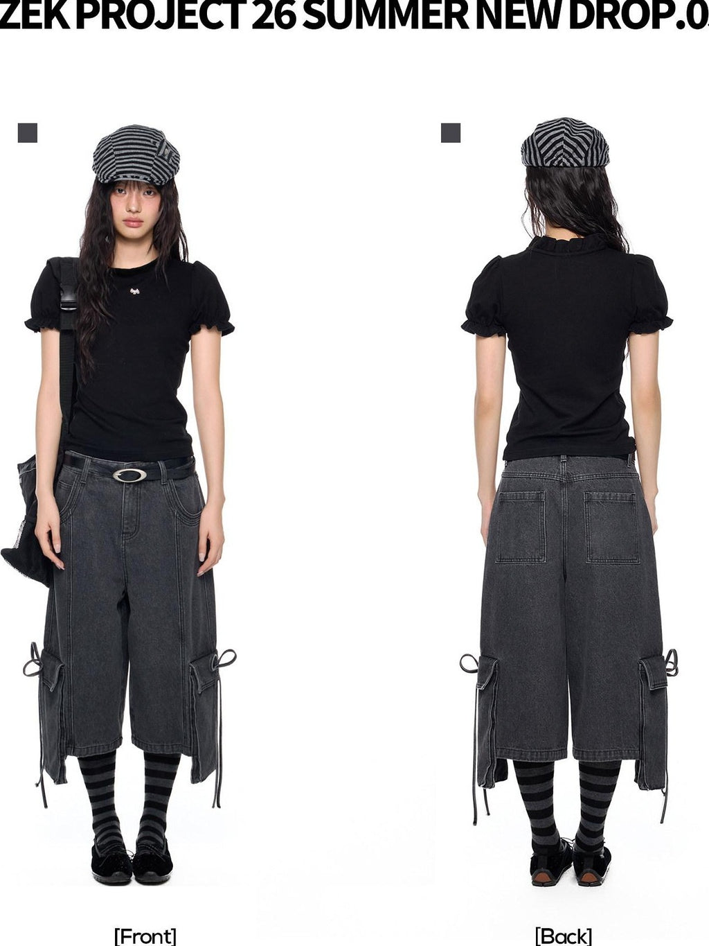 EZEK Vintage Washed Pocket Tie Wide Leg High Waist Women's Cotton Blend Cropped Jeans