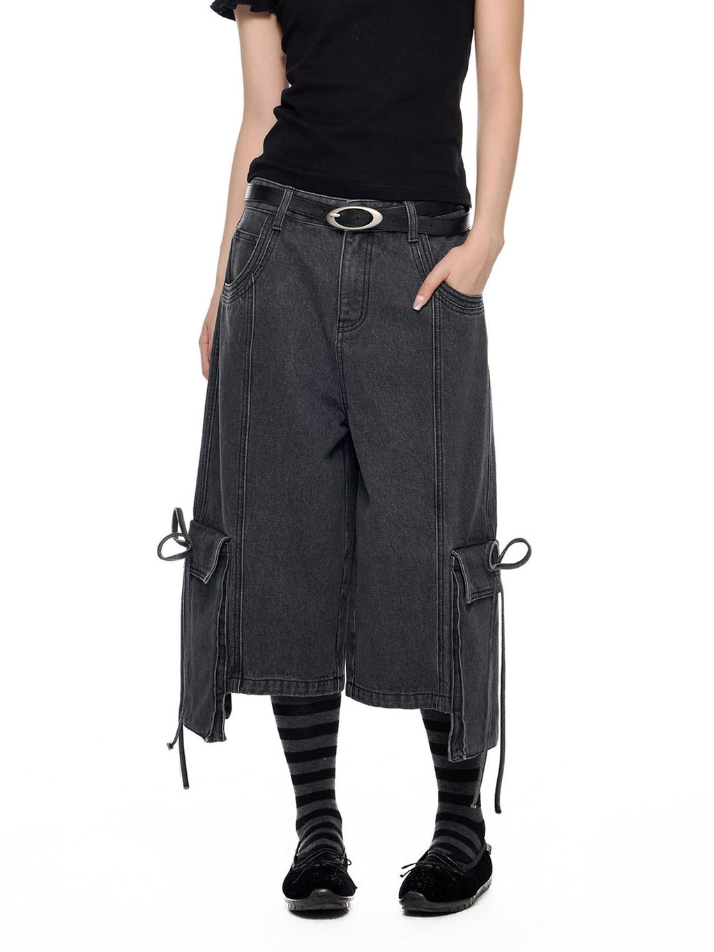 EZEK Vintage Washed Pocket Tie Wide Leg High Waist Women's Cotton Blend Cropped Jeans