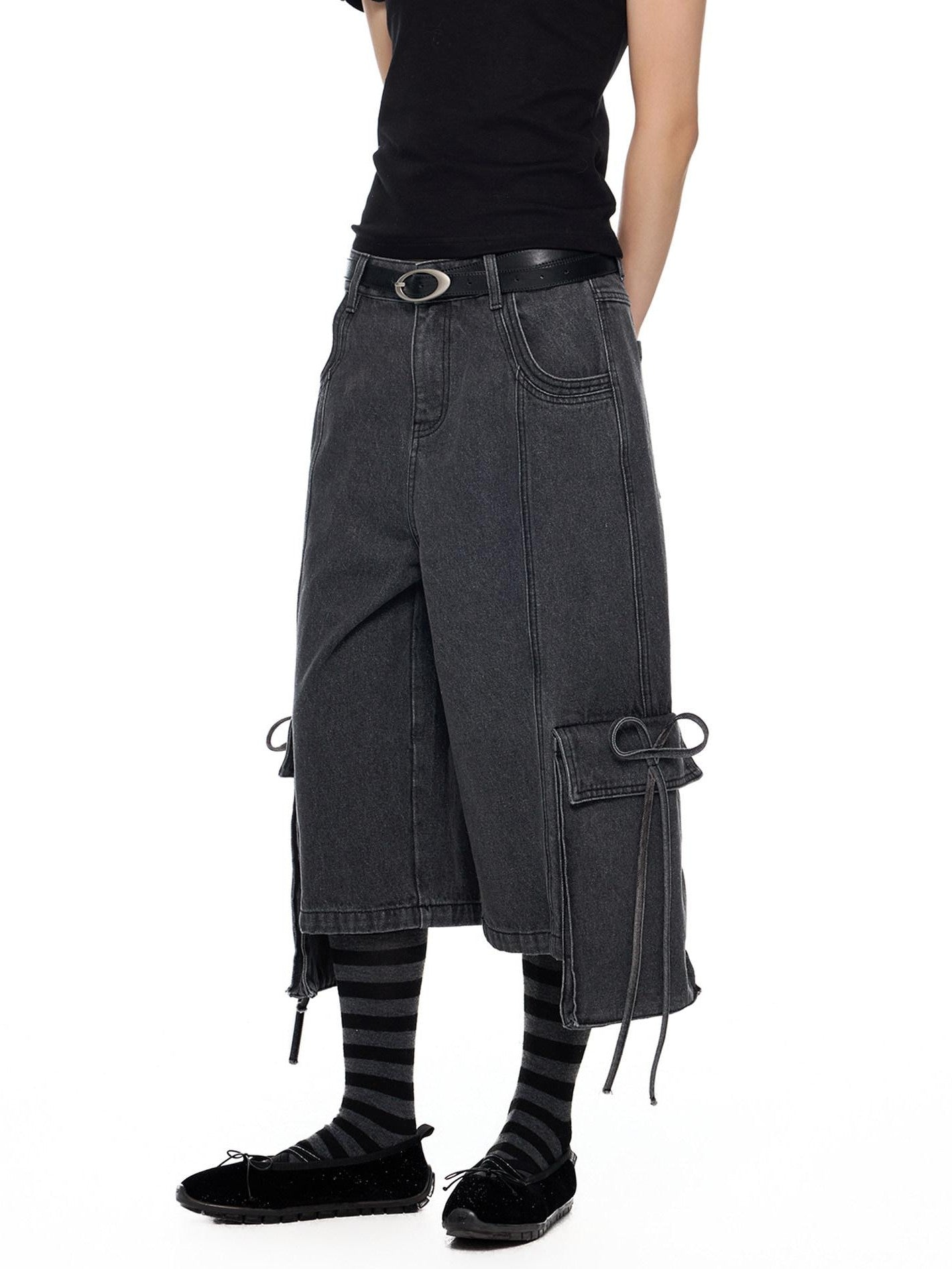 EZEK Vintage Washed Pocket Tie Wide Leg High Waist Women's Cotton Blend Cropped Jeans