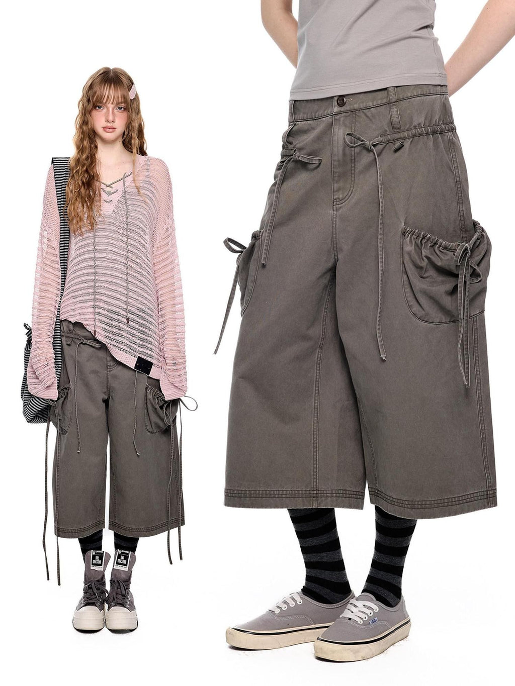 EZEK Washed Bow Tie Straps Wide Leg Low Rise Women's Cotton Cropped Jeans