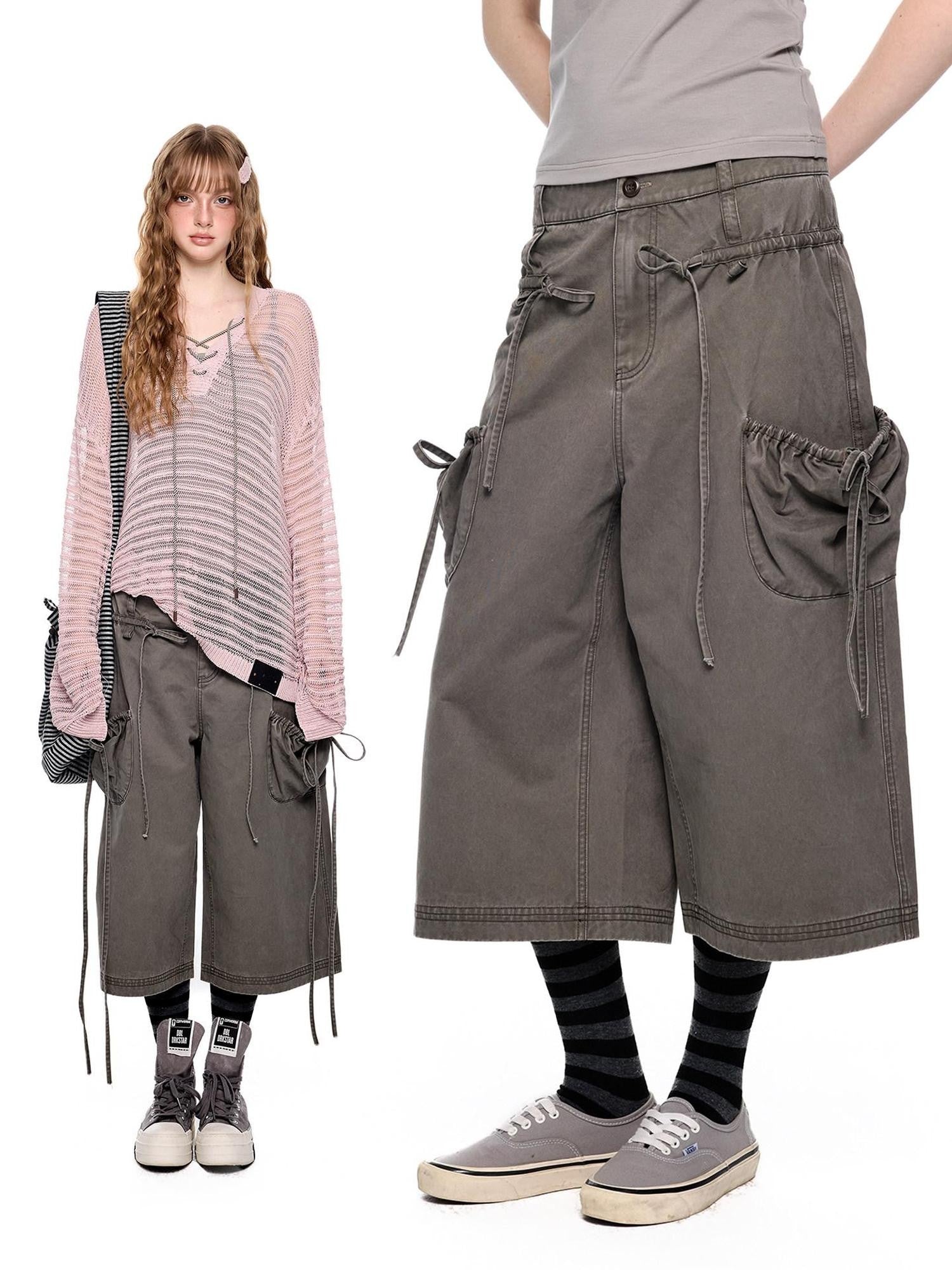 EZEK Washed Bow Tie Straps Wide Leg Low Rise Women's Cotton Cropped Jeans