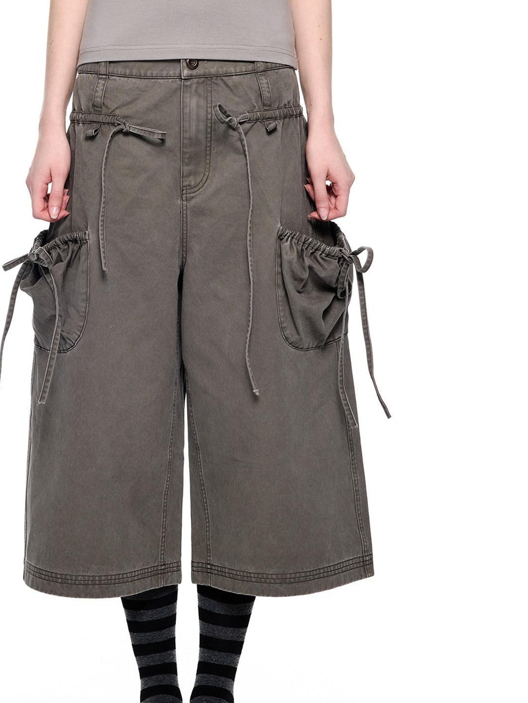 EZEK Washed Bow Tie Straps Wide Leg Low Rise Women's Cotton Cropped Jeans