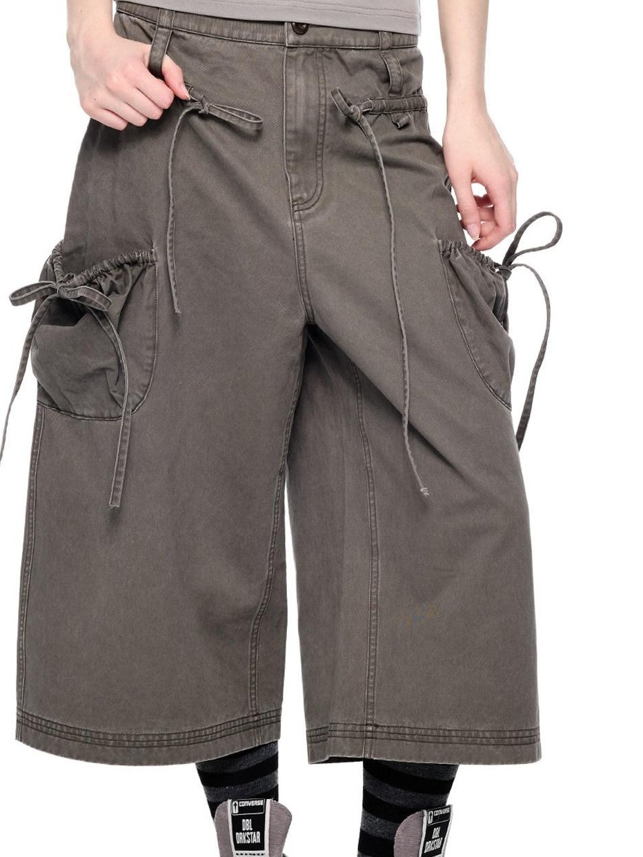 EZEK Washed Bow Tie Straps Wide Leg Low Rise Women's Cotton Cropped Jeans