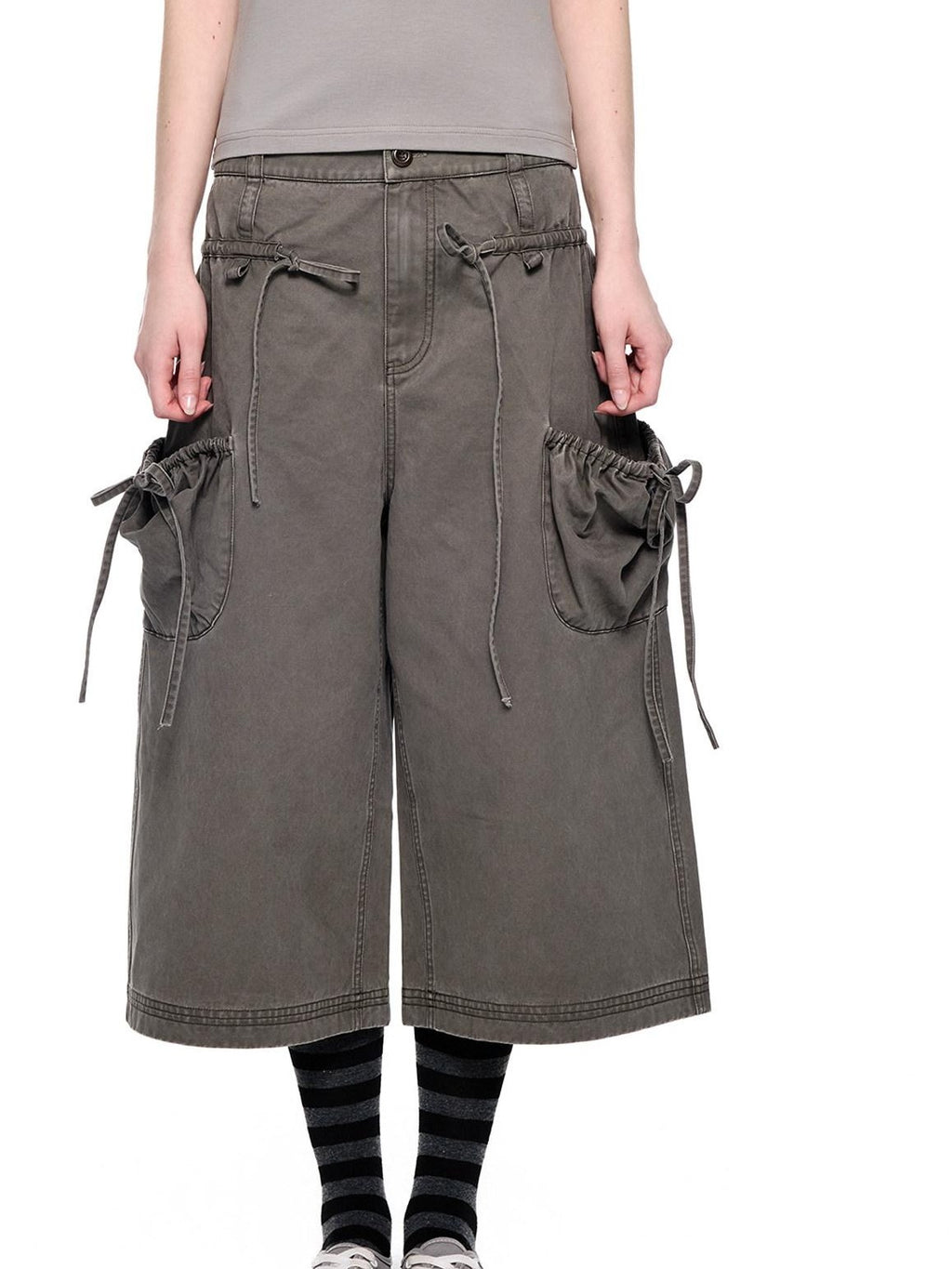 EZEK Washed Bow Tie Straps Wide Leg Low Rise Women's Cotton Cropped Jeans