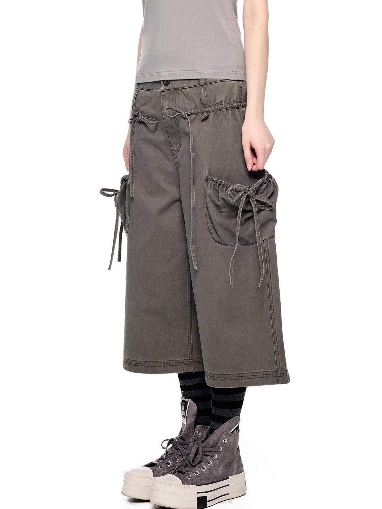 EZEK Washed Bow Tie Straps Wide Leg Low Rise Women's Cotton Cropped Jeans