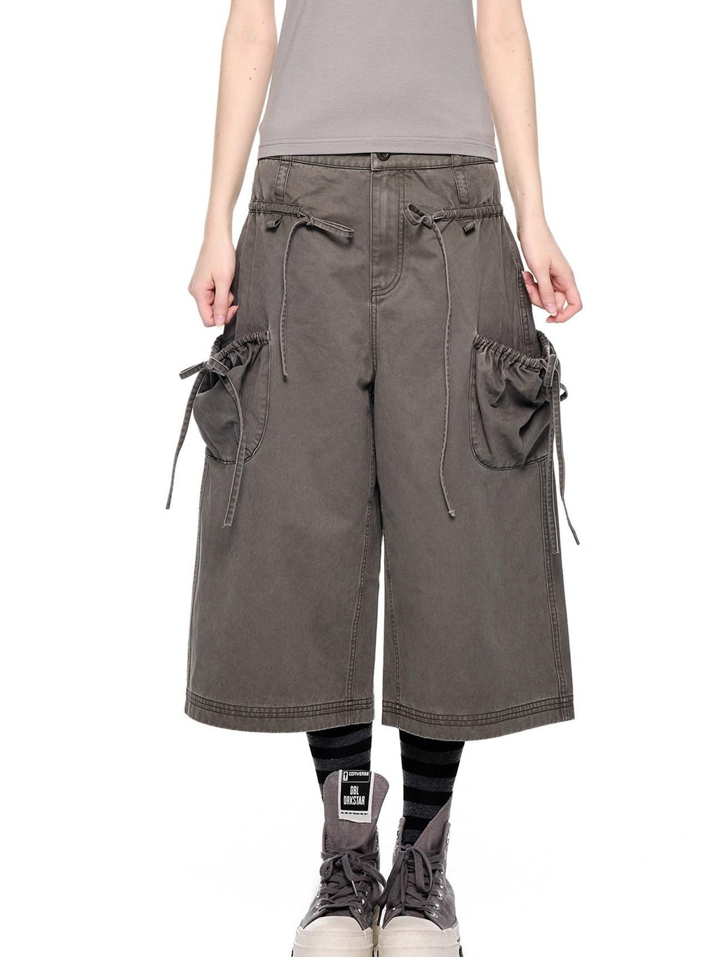 EZEK Washed Bow Tie Straps Wide Leg Low Rise Women's Cotton Cropped Jeans