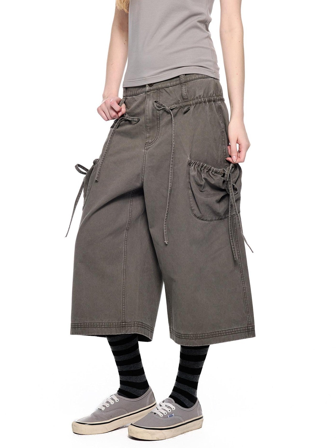 EZEK Washed Bow Tie Straps Wide Leg Low Rise Women's Cotton Cropped Jeans