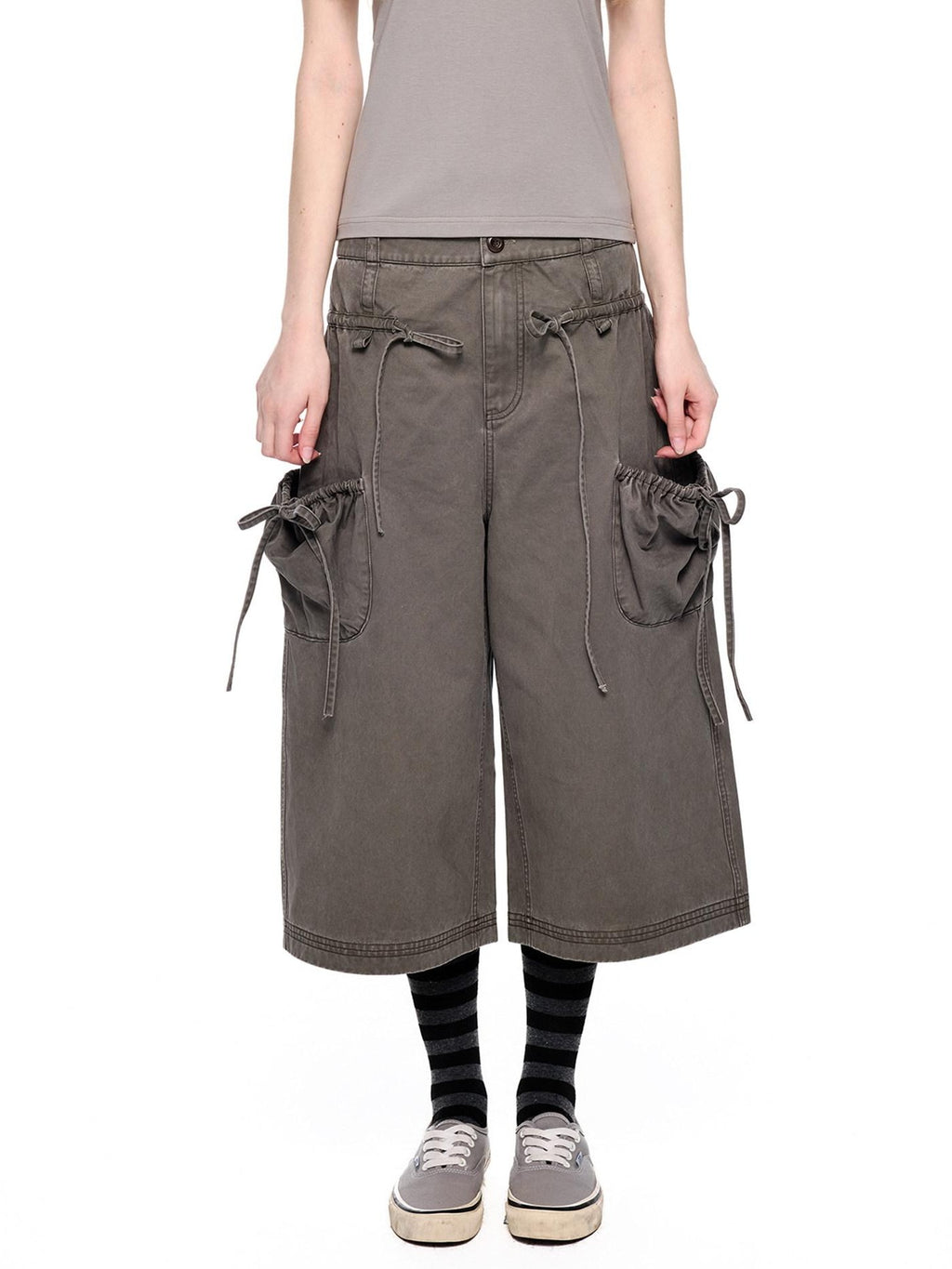 EZEK Washed Bow Tie Straps Wide Leg Low Rise Women's Cotton Cropped Jeans