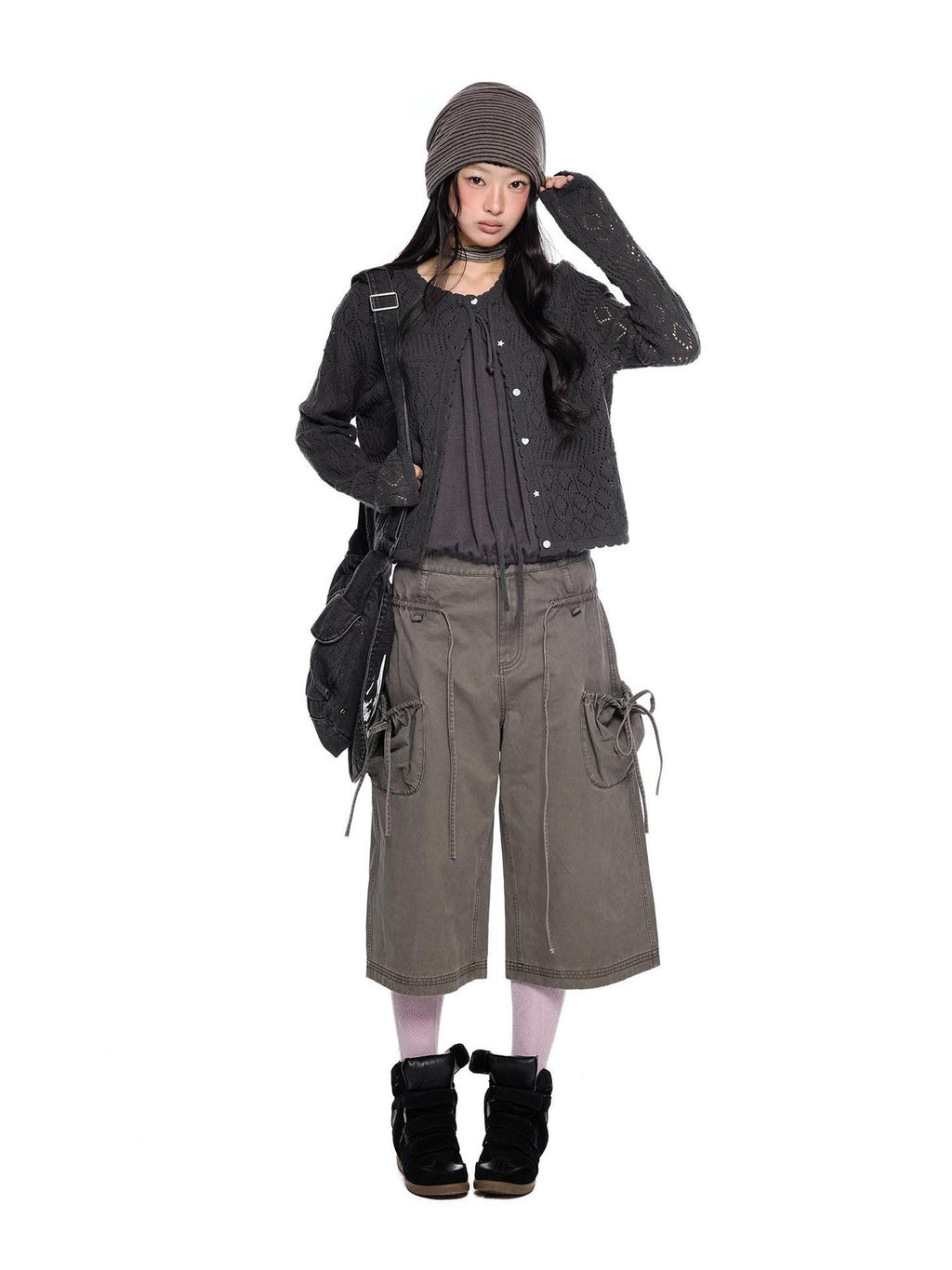 EZEK Washed Bow Tie Straps Wide Leg Low Rise Women's Cotton Cropped Jeans
