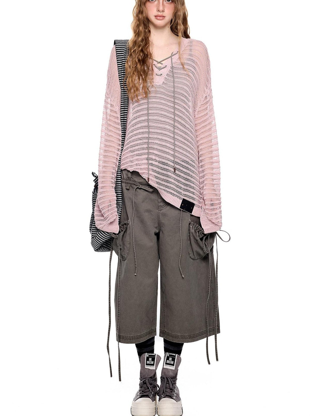 EZEK Washed Bow Tie Straps Wide Leg Low Rise Women's Cotton Cropped Jeans