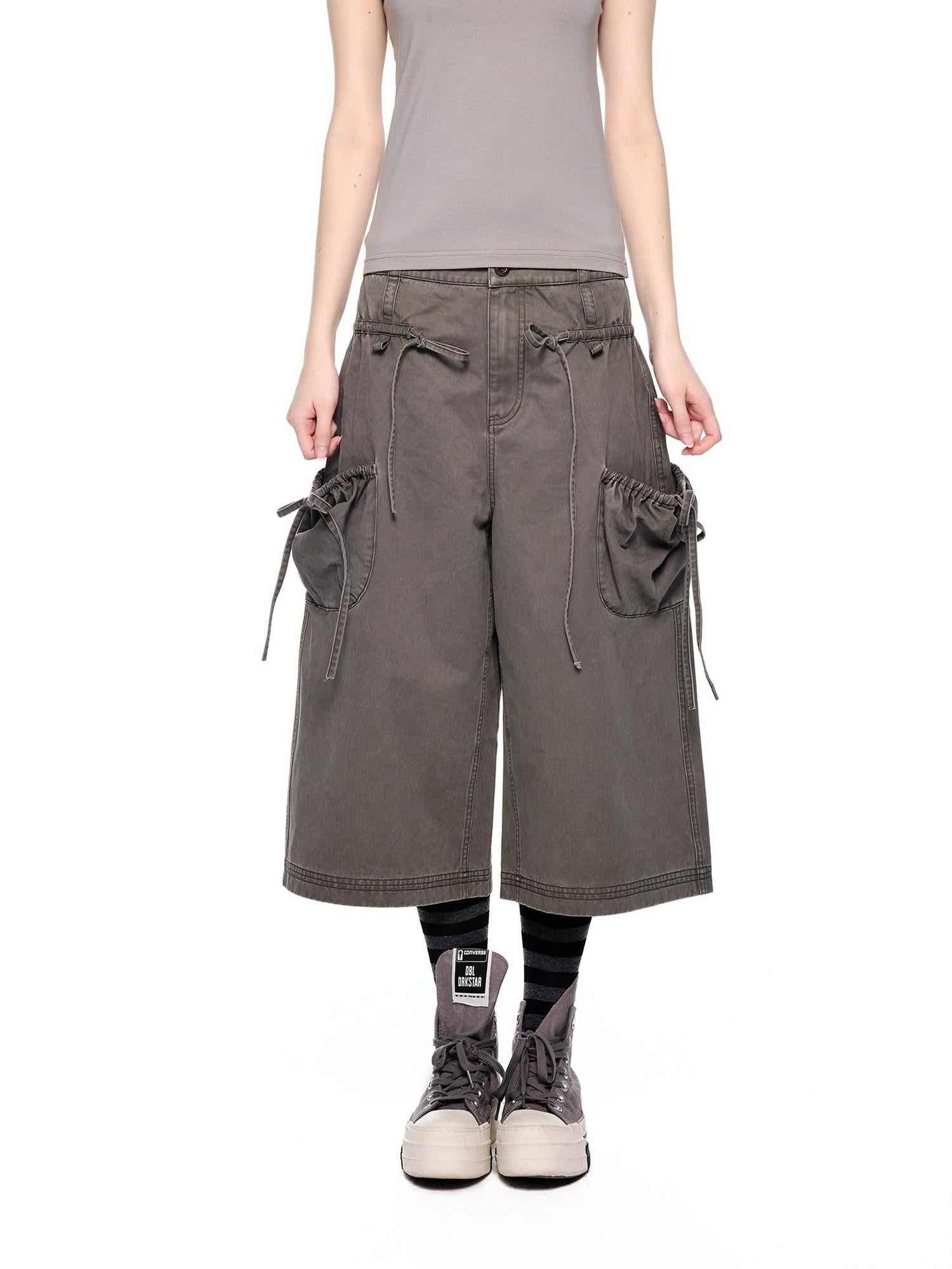EZEK Washed Bow Tie Straps Wide Leg Low Rise Women's Cotton Cropped Jeans
