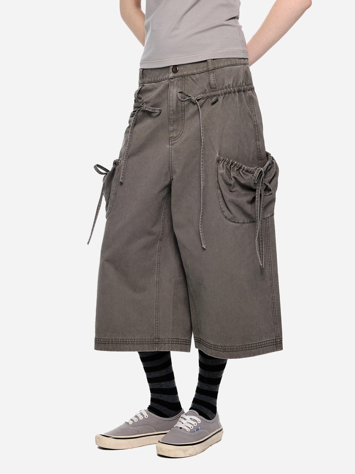 EZEK Washed Bow Tie Straps Wide Leg Low Rise Women's Cotton Cropped Jeans