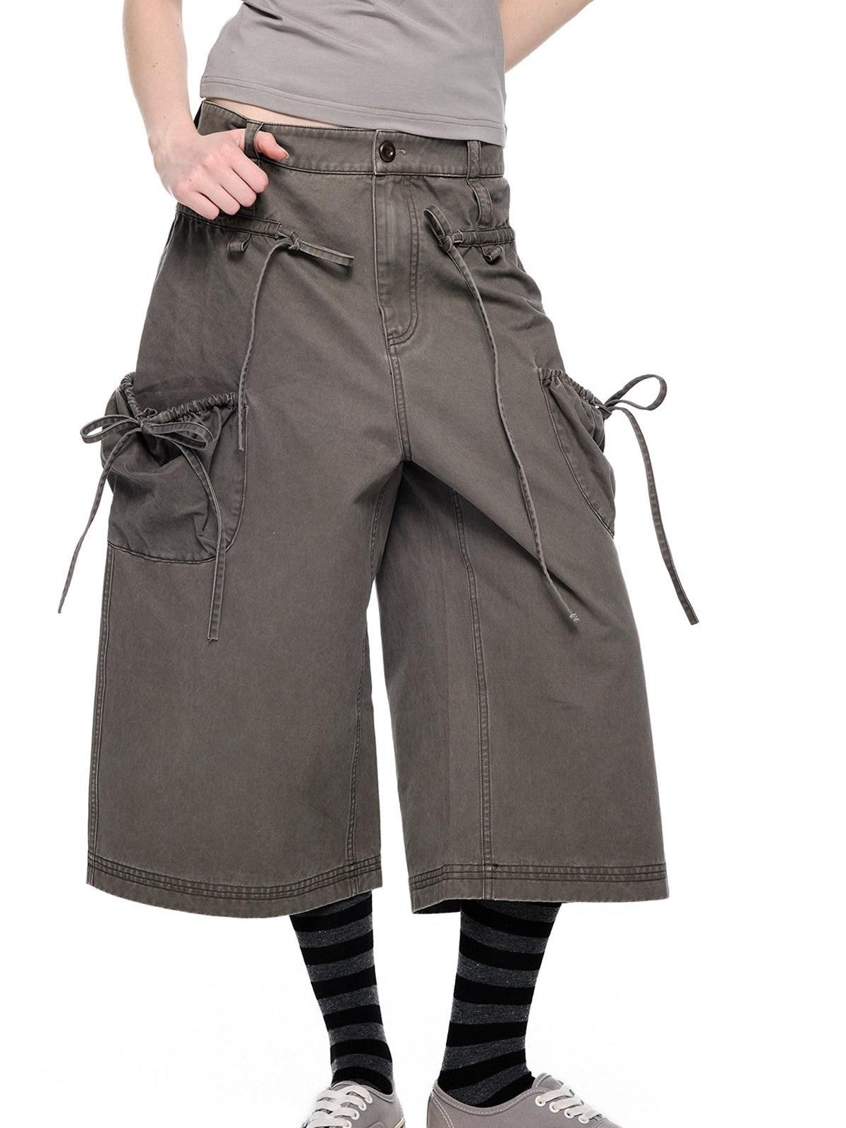 EZEK Washed Bow Tie Straps Wide Leg Low Rise Women's Cotton Cropped Jeans