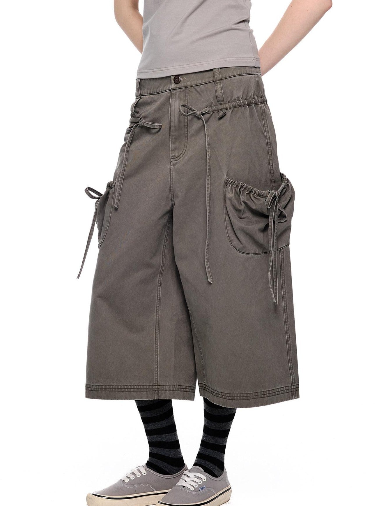 EZEK Washed Bow Tie Straps Wide Leg Low Rise Women's Cotton Cropped Jeans