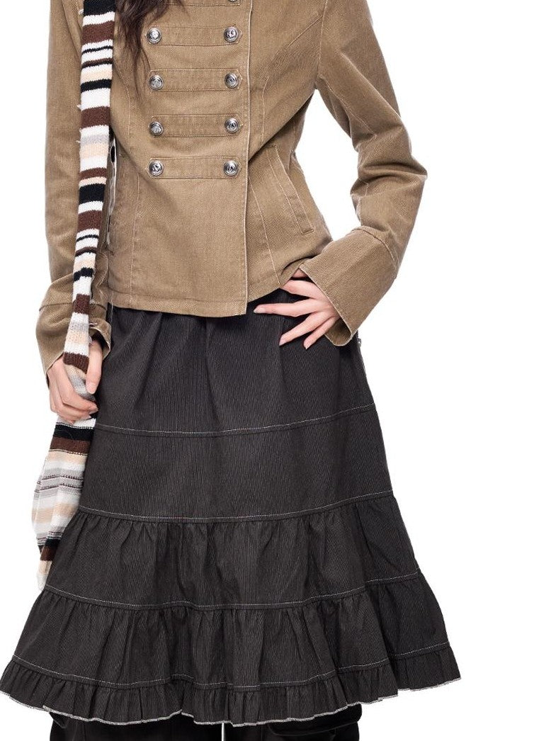EZEK Washed Distressed Double Breasted Stand Collar Women's Cotton Cropped Jackets