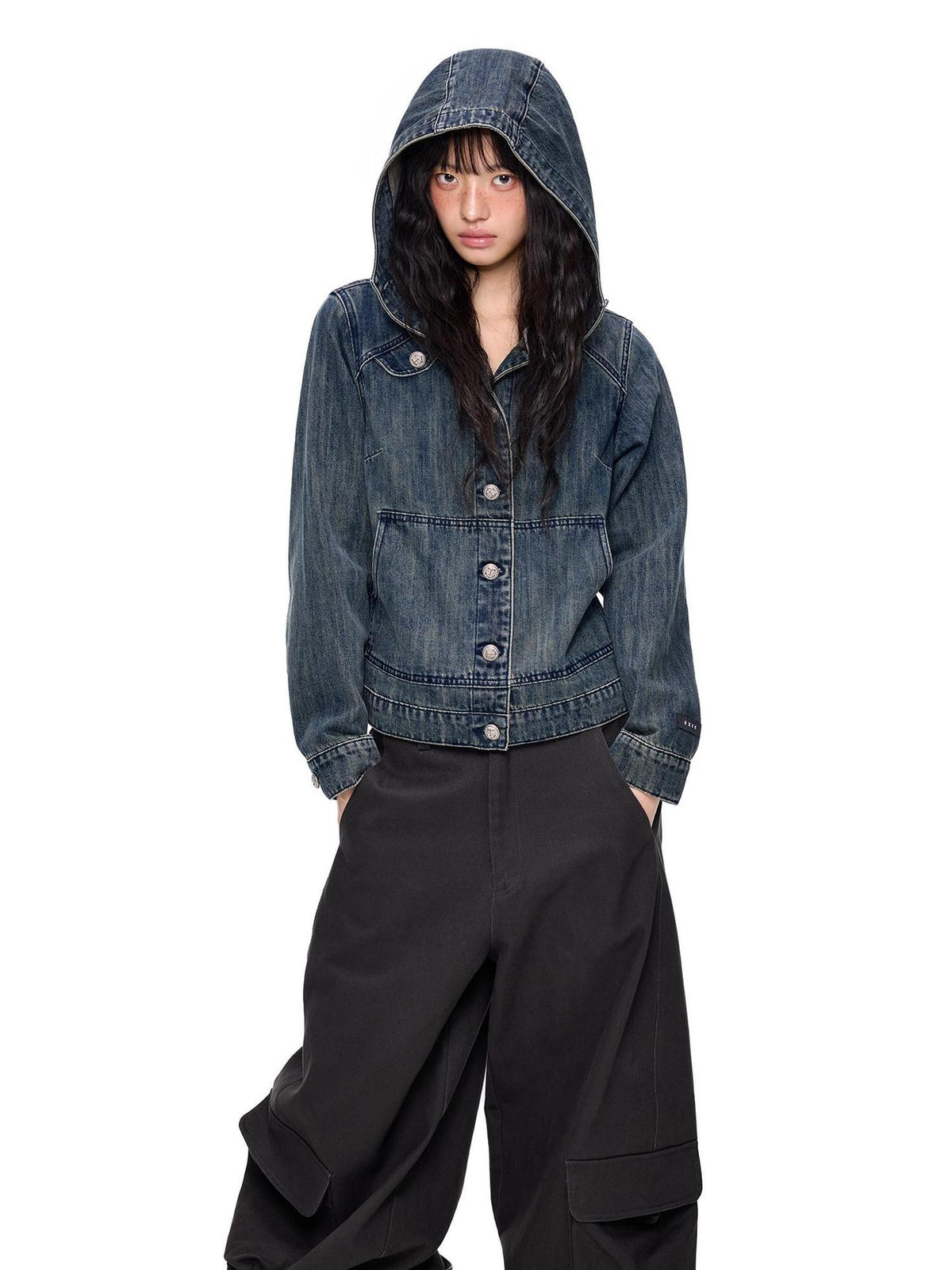 EZEK Washed Distressed Hooded Zip Up Vintage Loose Fit Cotton Women's Denim Jackets