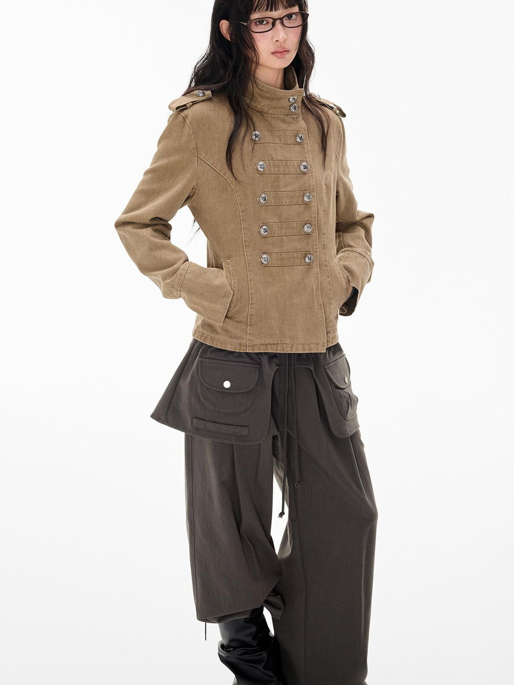 EZEK Washed Distressed Napoleon Buttoned Women's Cotton Cropped Jackets