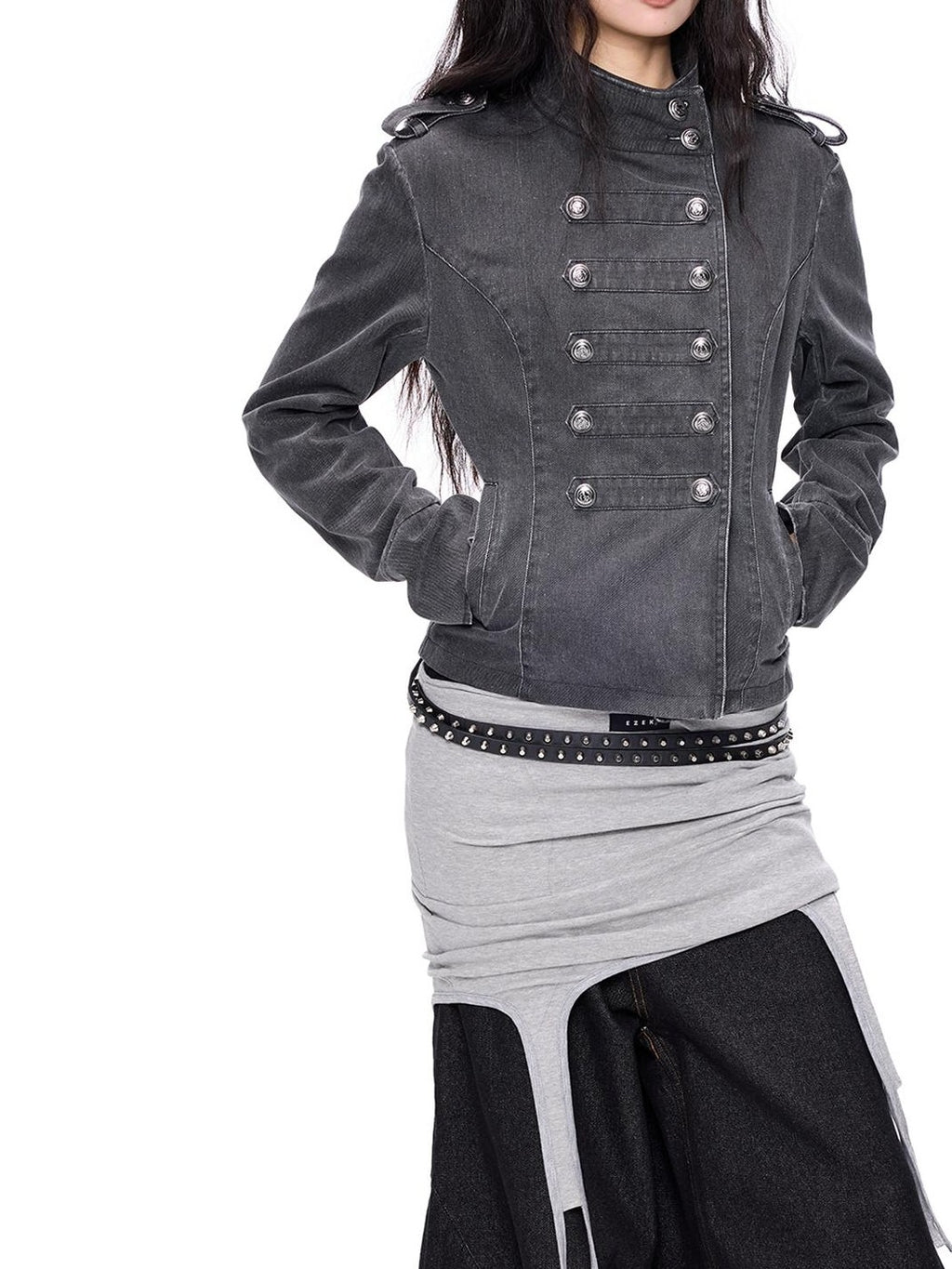 EZEK Washed Distressed Napoleon Buttoned Women's Cotton Cropped Jackets