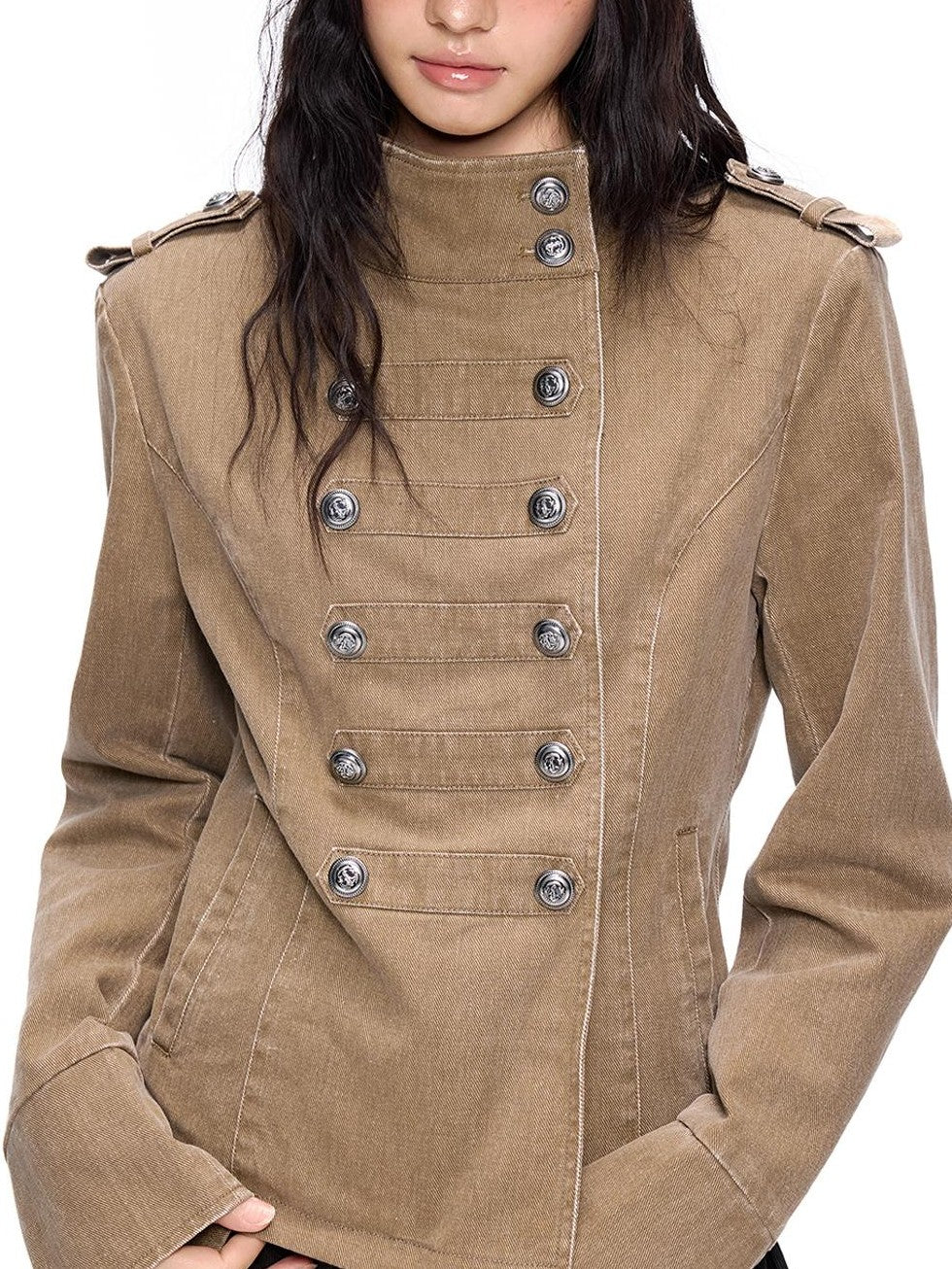EZEK Washed Distressed Napoleon Buttoned Women's Cotton Cropped Jackets
