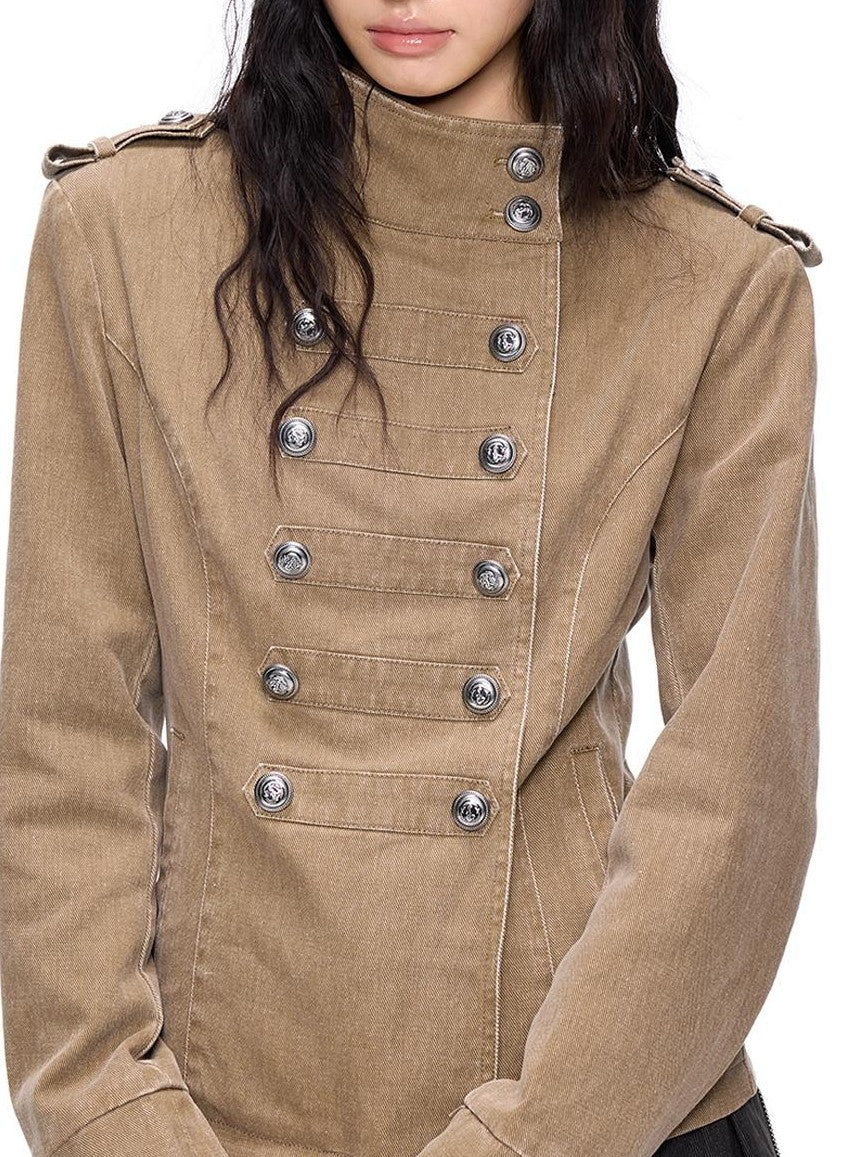 EZEK Washed Distressed Napoleon Buttoned Women's Cotton Cropped Jackets