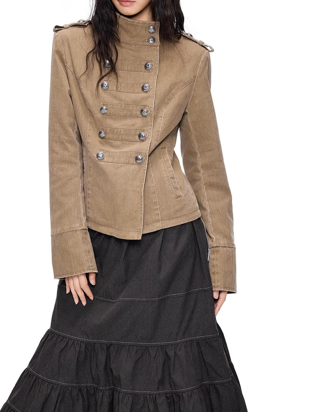 EZEK Washed Distressed Napoleon Buttoned Women's Cotton Cropped Jackets