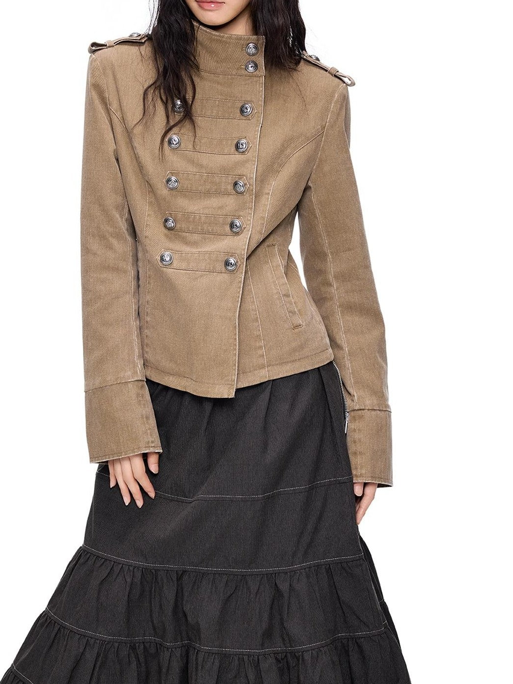 EZEK Washed Distressed Napoleon Buttoned Women's Cotton Cropped Jackets