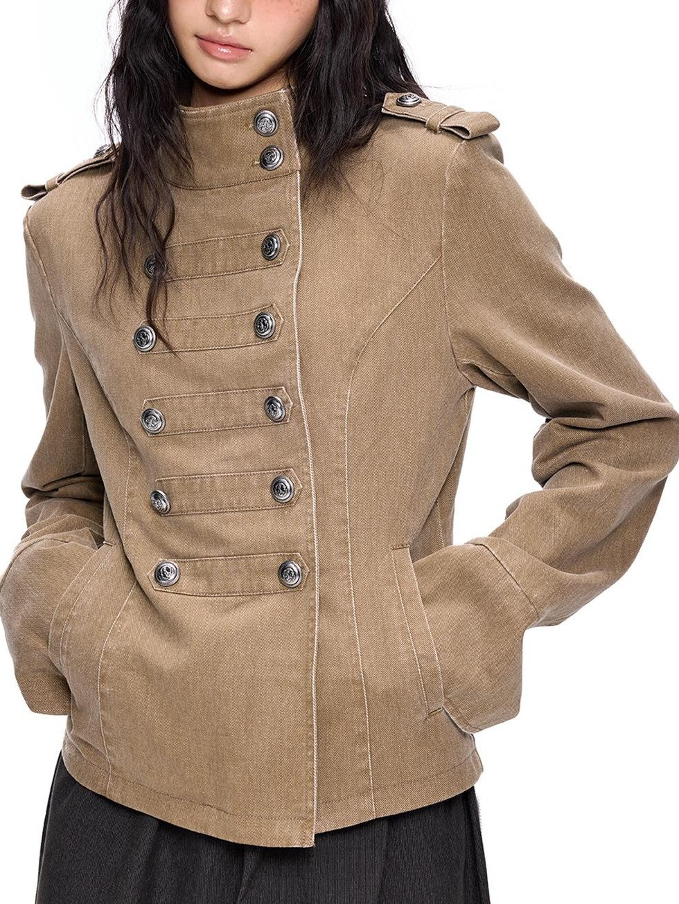 EZEK Washed Distressed Napoleon Buttoned Women's Cotton Cropped Jackets