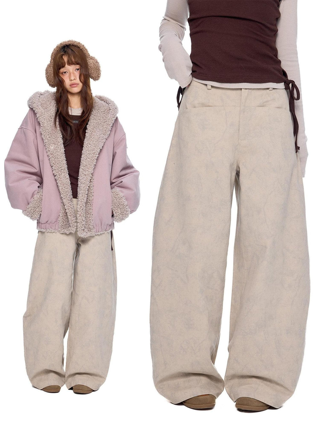EZEK Washed Vintage Curved Cargo Pockets Women's Cotton Wide-leg Pants