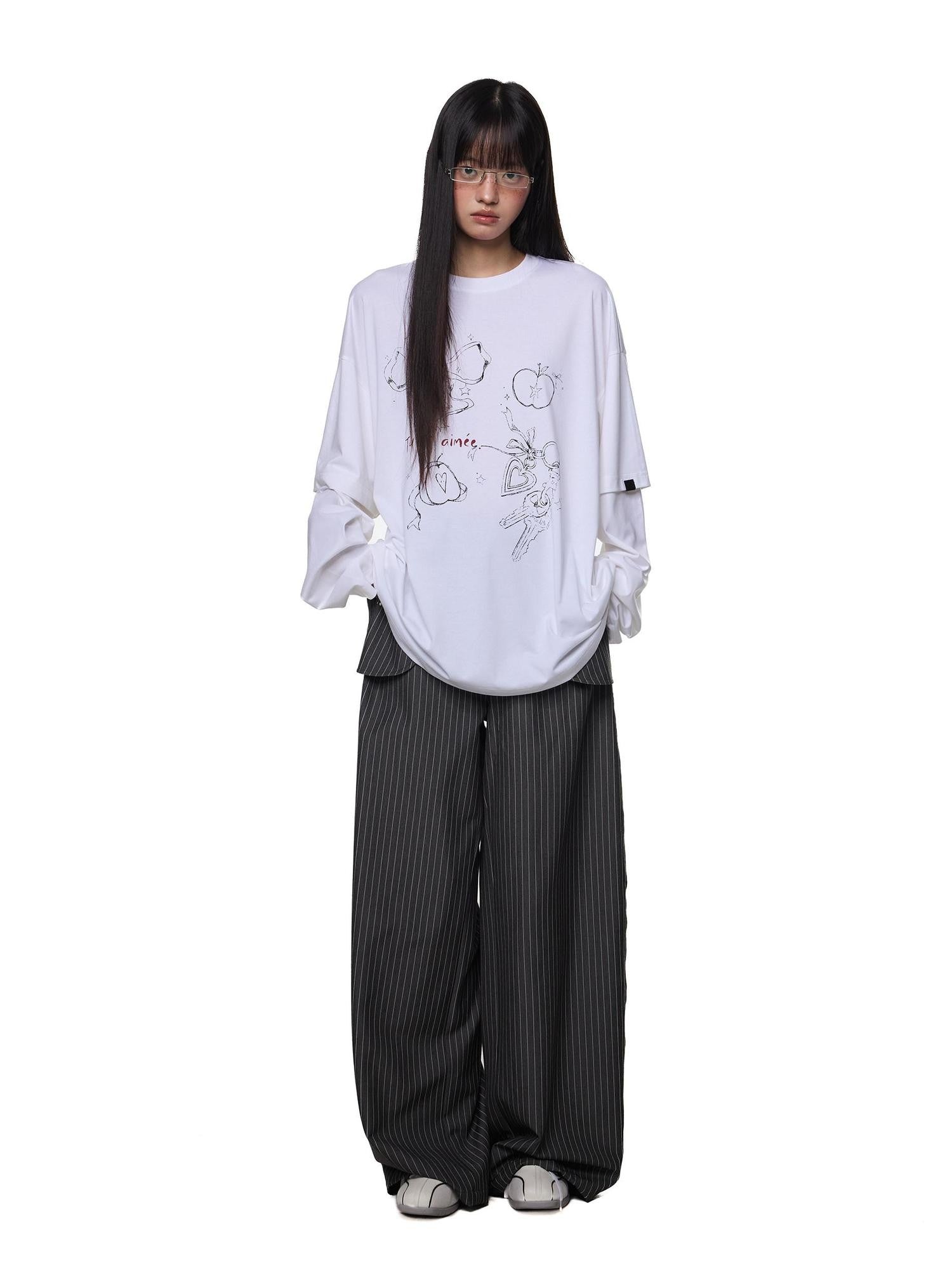 EZEK White Faux Two Piece Letter Print Women's Cotton Long Sleeve T-shirts