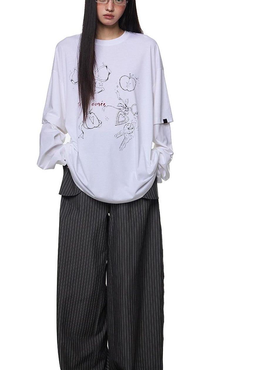 EZEK White Faux Two Piece Letter Print Women's Cotton Long Sleeve T-shirts
