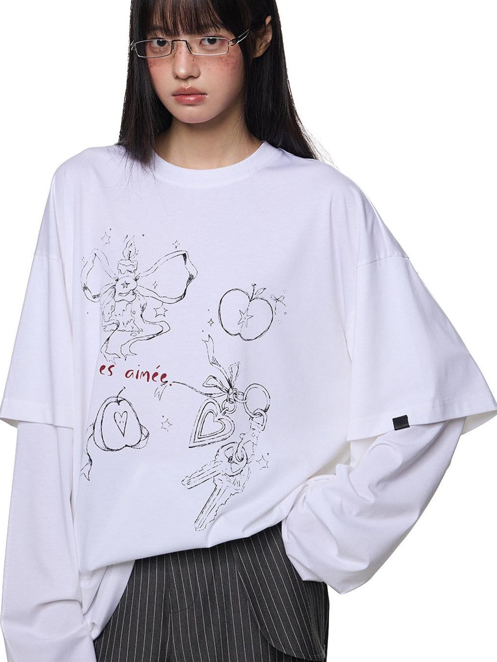 EZEK White Faux Two Piece Letter Print Women's Cotton Long Sleeve T-shirts