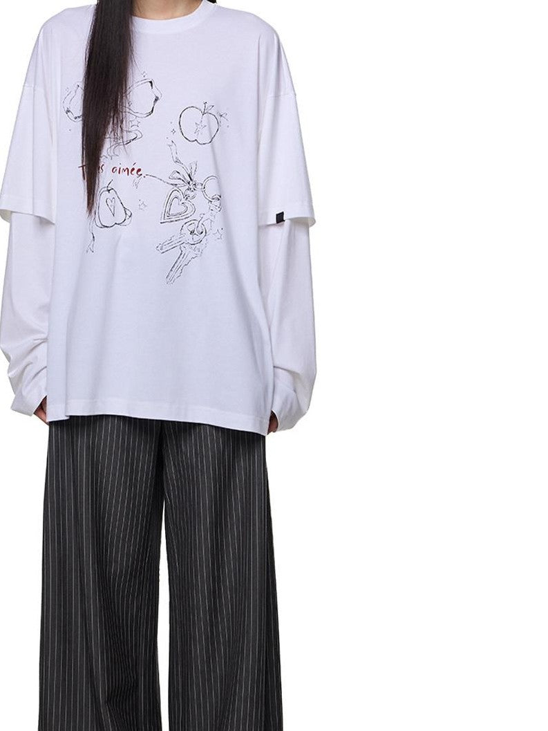 EZEK White Faux Two Piece Letter Print Women's Cotton Long Sleeve T-shirts