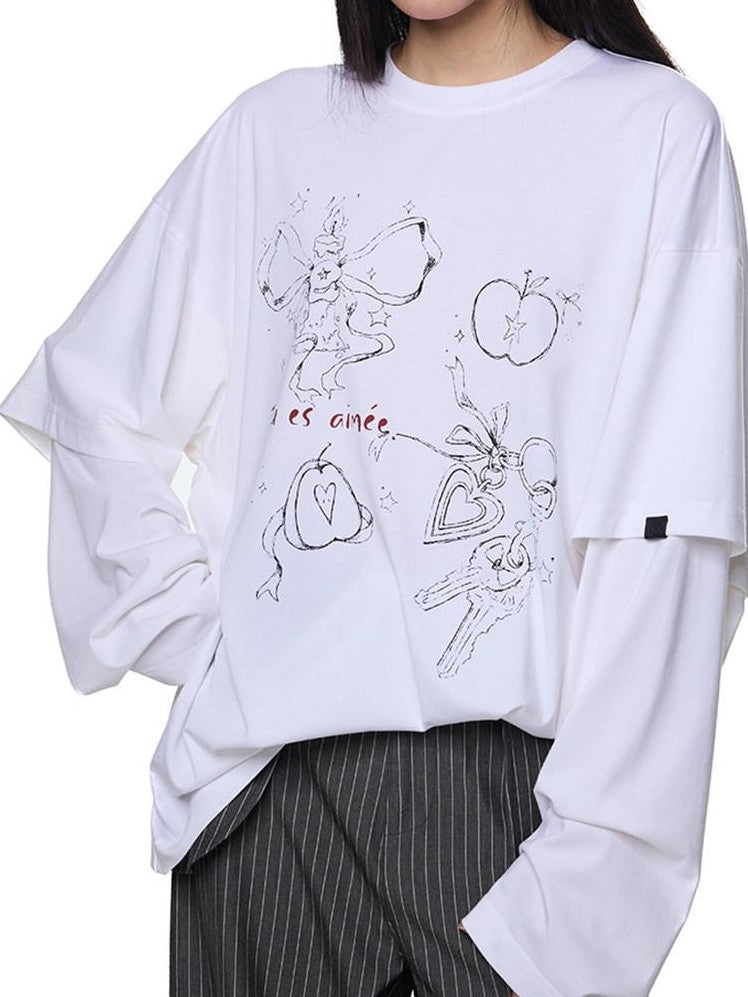 EZEK White Faux Two Piece Letter Print Women's Cotton Long Sleeve T-shirts