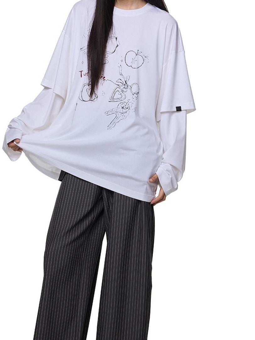 EZEK White Faux Two Piece Letter Print Women's Cotton Long Sleeve T-shirts