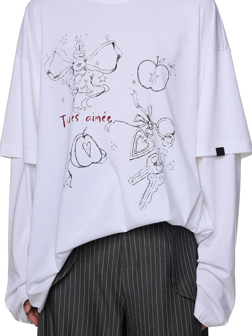 EZEK White Faux Two Piece Letter Print Women's Cotton Long Sleeve T-shirts