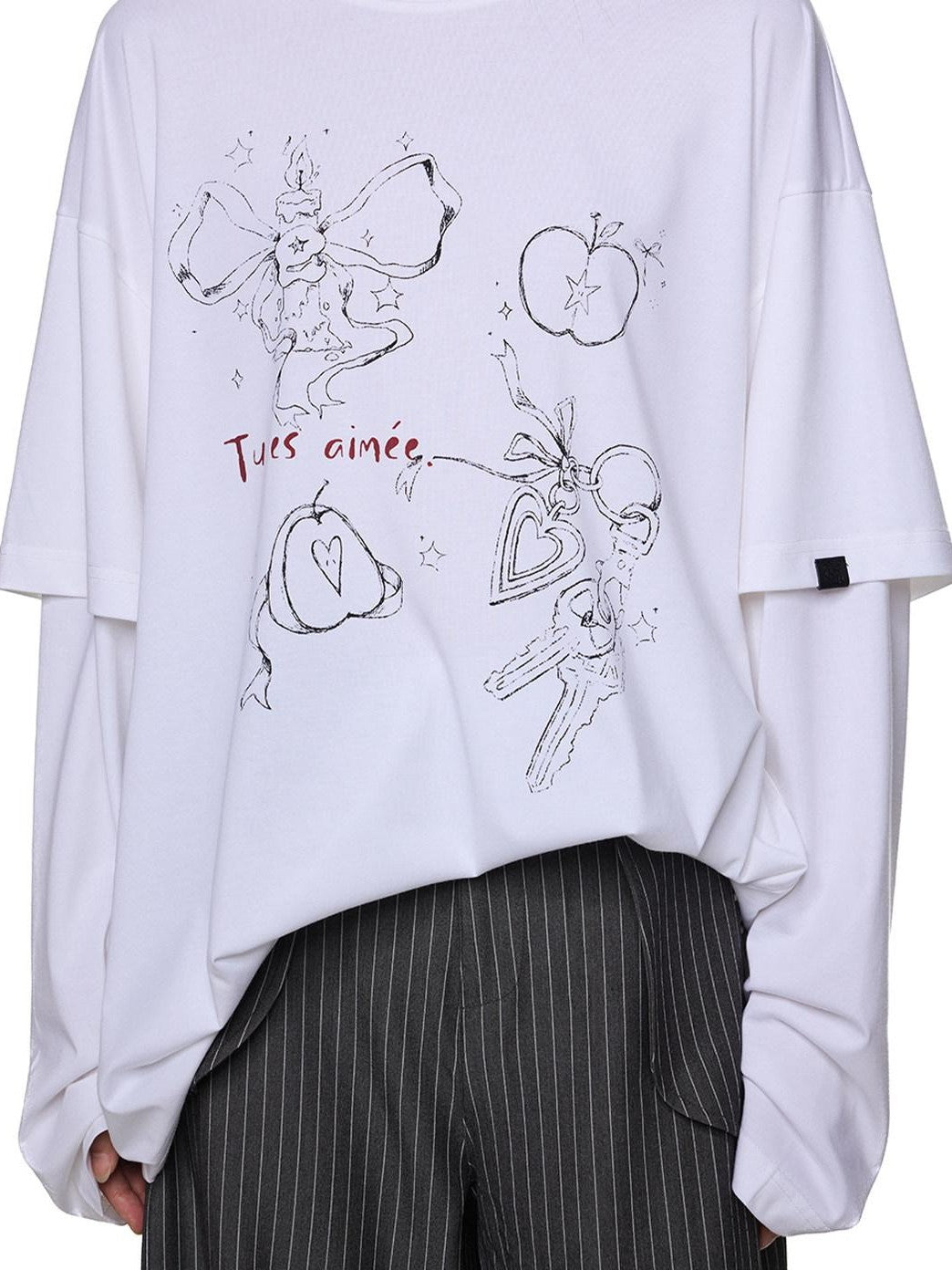 EZEK White Faux Two Piece Letter Print Women's Cotton Long Sleeve T-shirts