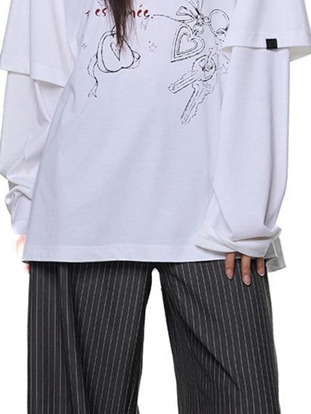 EZEK White Faux Two Piece Letter Print Women's Cotton Long Sleeve T-shirts
