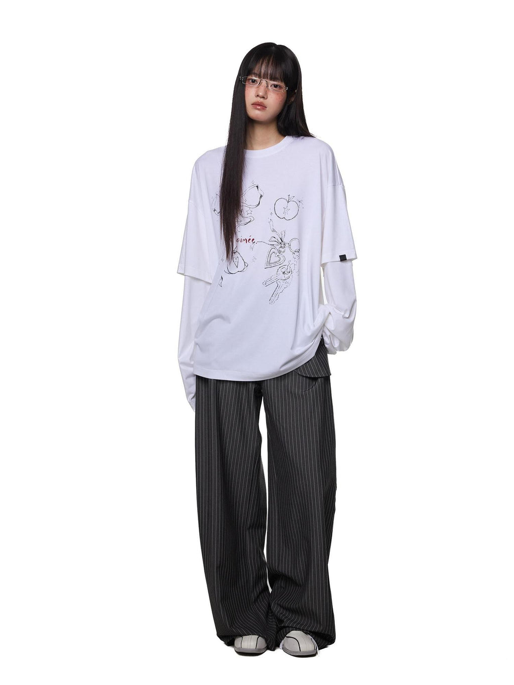 EZEK White Faux Two Piece Letter Print Women's Cotton Long Sleeve T-shirts