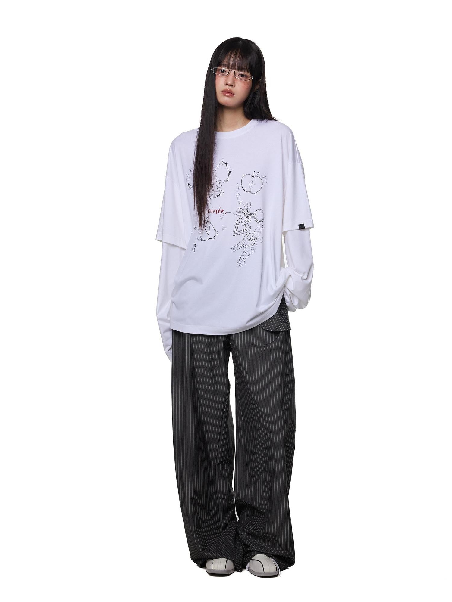 EZEK White Faux Two Piece Letter Print Women's Cotton Long Sleeve T-shirts