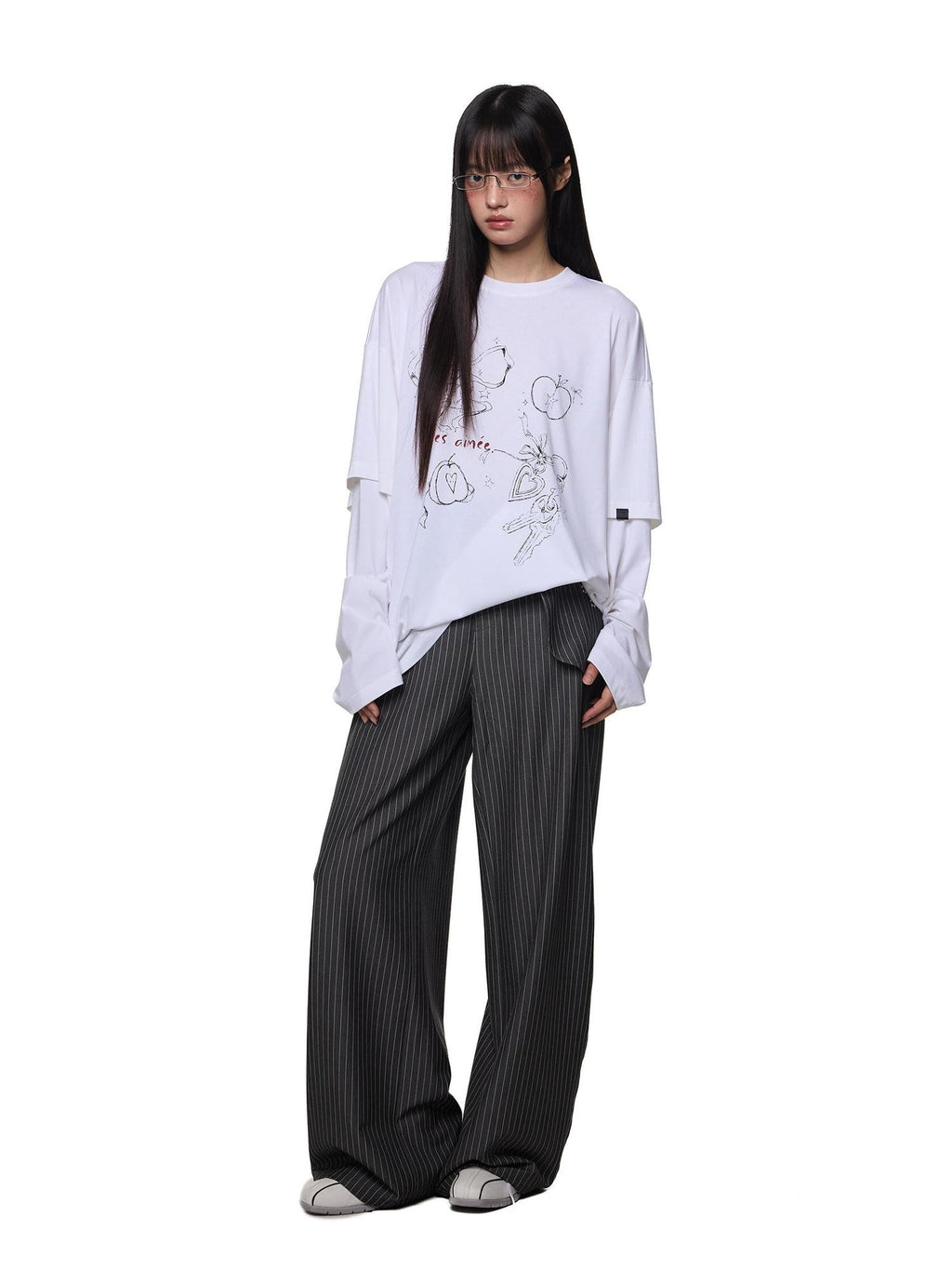 EZEK White Faux Two Piece Letter Print Women's Cotton Long Sleeve T-shirts